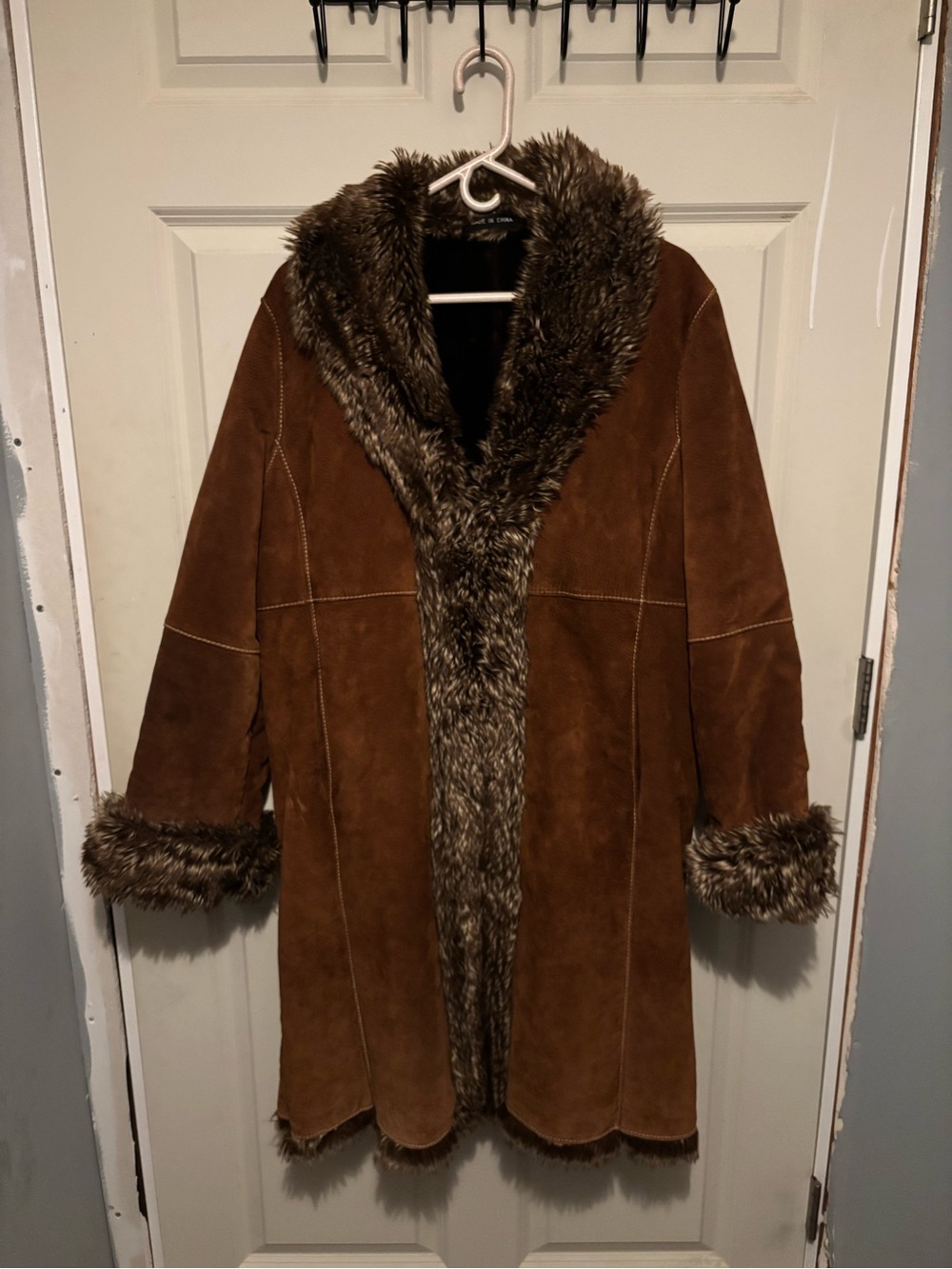 Wilsons Leather Brown Faux-Suede Trench Coat with Faux-Fur Trim